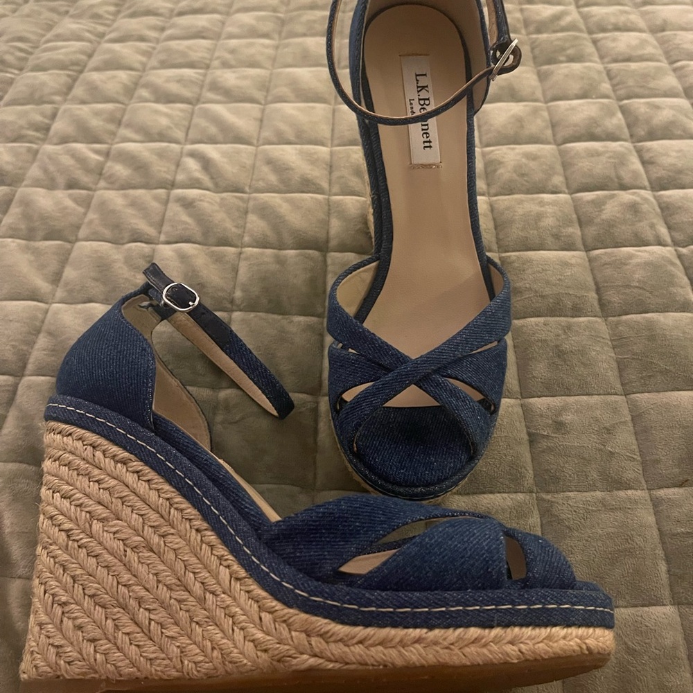 LK Bennett Litya Strappy Denim Wedge Heels Sandals Espadrilles EU 37.5 US 7.5